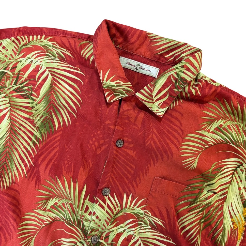 TOMMY BAHAMA Mens Shirt‎ Large Red Palm Leaf Silk Hawaiian Aloha Casual Resort